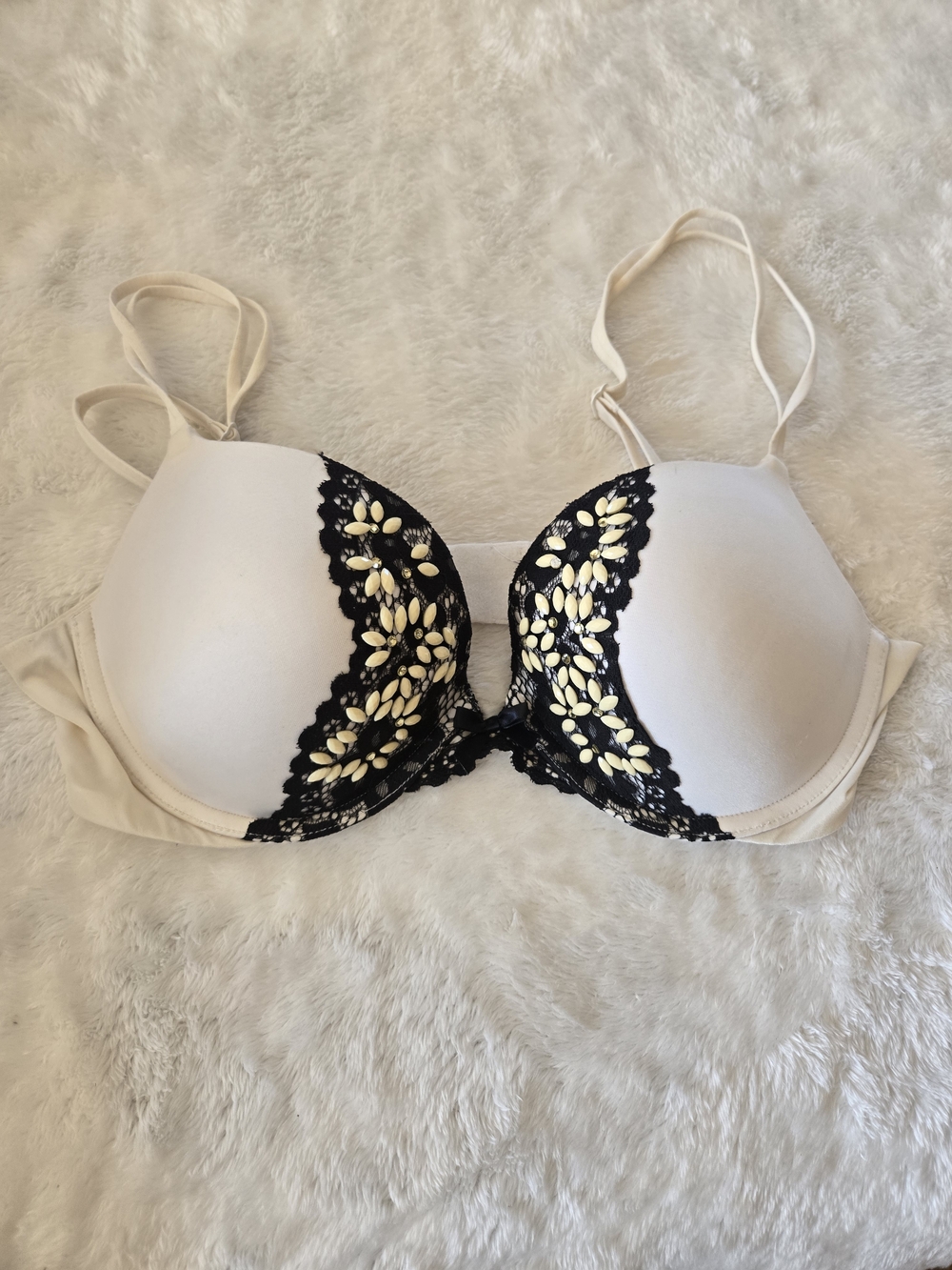 Victoria's Secret Cream Bra with Black Lace & Yellow Floral Accents